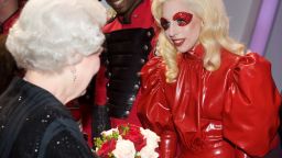 Queen Elizabeth II meets American singer Lady Gaga following the Royal Variety Performance in Blackpool, England on December 7, 2009. Returning to the British seaside town for the first time since 1955, the Royal Variety Performance is an annual event which showcases popular music and entertainment. 