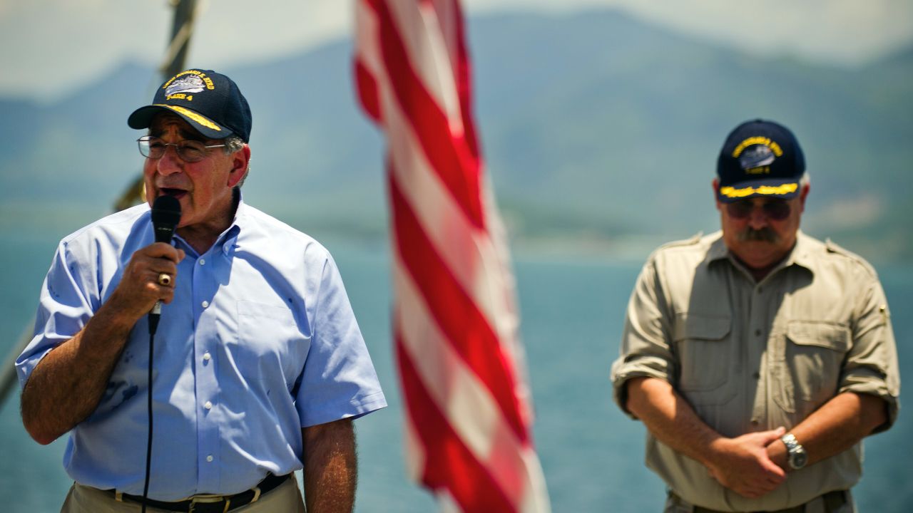Leon Panetta speaks to the crew of the USNS Richard E. Byrd docked at Vietnam's Cam Ranh Bay on Sunday. 