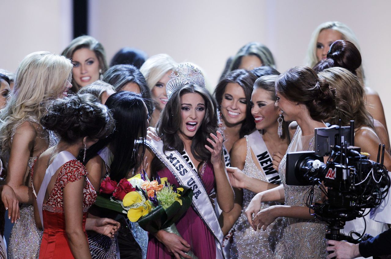 Olivia Culpo, Miss Rhode Island, is surrounded by contestants after winning the 2012 Miss USA pageant in Las Vegas, Nevada, Sunday.