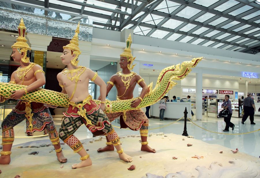 An elaborate Thai sculpture inside the departure area of Bangkok's Suvarnabhumi Airport.
