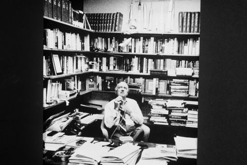 Cronkite, in his overstuffed CBS office, shaves before heading out for a night on the town in 1971.