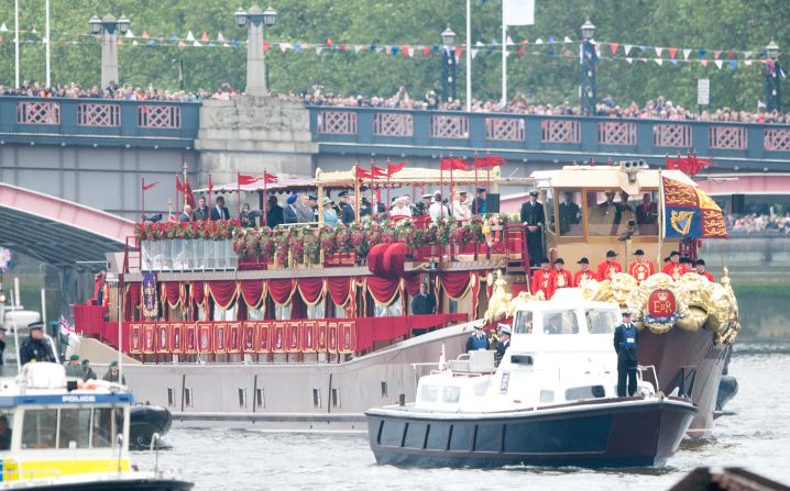 The royal barge, "Spirit of Chartwell", carrying the Queen and senior members of the Royal family. The boat is privately owned and was donated to the event by its owner Philip Morrell and given the royal design treatment by award-winning production designer Joseph Bennett.