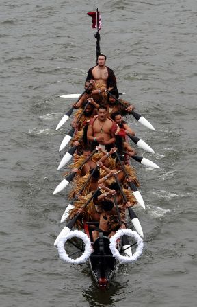 Traces of the old days when "Britannia ruled the waves" were also on display, with representatives of the British Commonwealth riding as part of the flotilla. Here, the River Thames is graced by the rare spectacle of a Maori war boat from New Zealand. 