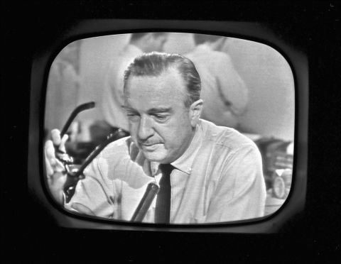 CBS anchorman Walter Cronkite has an emotional on-air moment after announcing the death of President Kennedy on November 22, 1963.