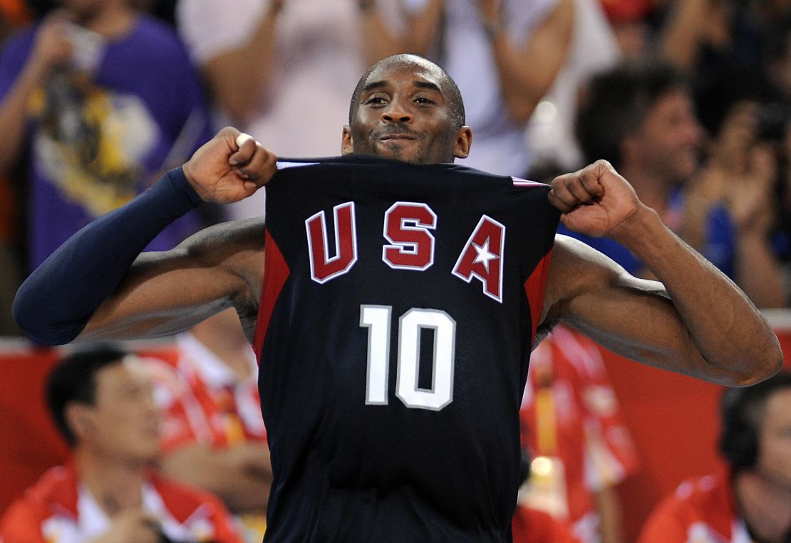 Kobe Bryant celebrates after leading the US basketball team to win the gold medal at the 2008 Beijing Olympics.