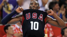 USA's Kobe Bryant celebrates at the end of the men's basketball gold medal match Spain against The US of the Beijing 2008 Olympic Games on August 24, 2008 at the Olympic basketball Arena in Beijing. The US won 118-107.