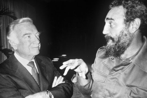 Cronkite listens to Cuban President Fidel Castro on February 14, 1980, during an interview conducted the day Cronkite announced his plans to retire as evening news anchor at CBS.