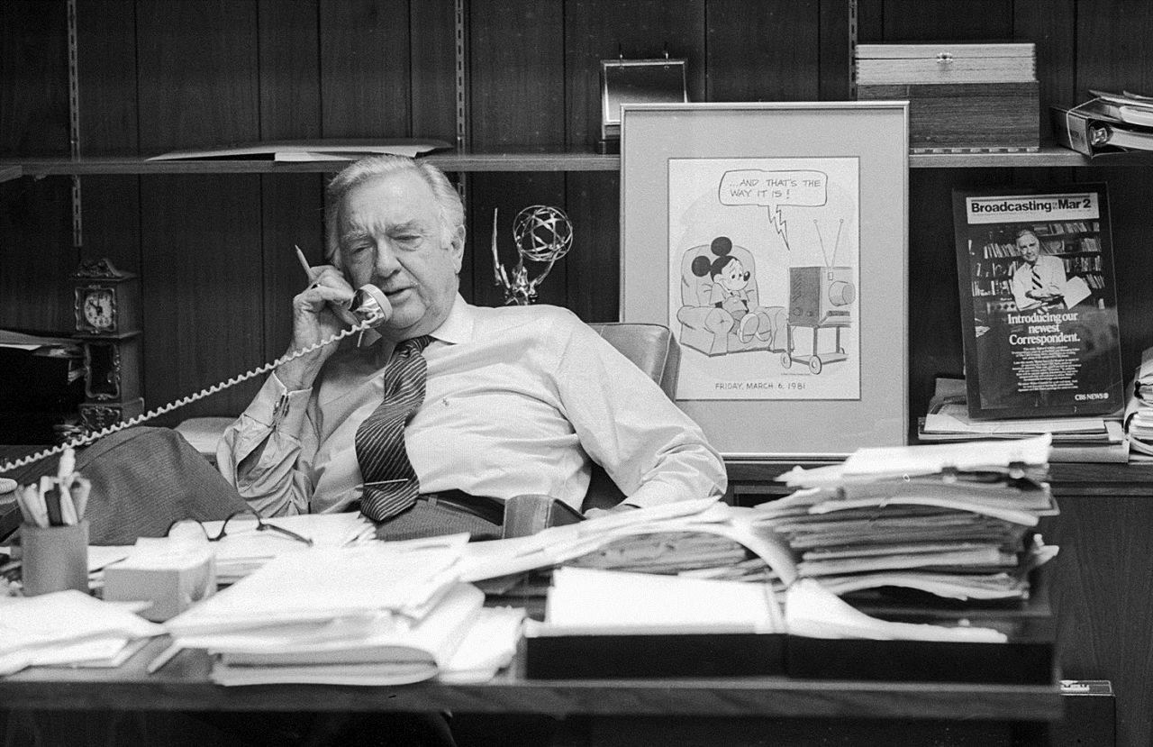 Cronkite takes a phone call in his office on March 6, 1981, the day of his final broadcast as anchor of the CBS Evening News.