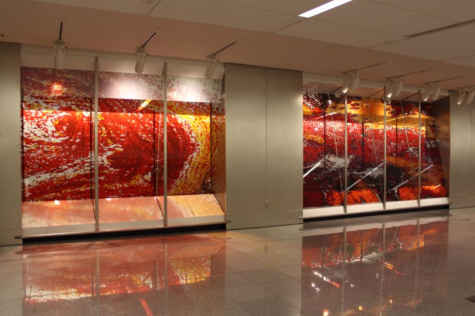 A 950 foot long installation by the artist Amy Landesberg is part of the new international terminal at Atlanta's Hartsfield-Jackson Airport. Reported to have cost $1.5 million, the mammoth artwork is one of four pieces designed to ensure the building embodies a bespoke aesthetic style.