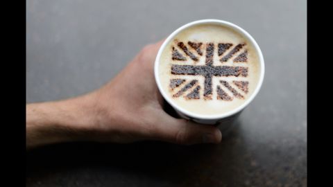 A coffee shop created a chocolate Union Jack to top this cappuccino.