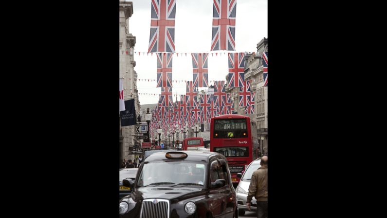 Union Jacks line a street in preparation for the Diamon Jubilee.  