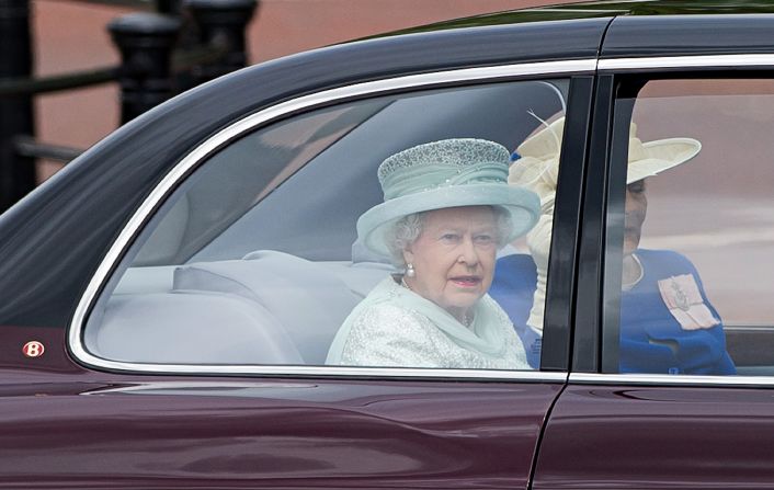 Queen Elizabeth II and Diana Marion, The Lady Farnham, drive down the Mall on their way to St Paul's Cathedral. 