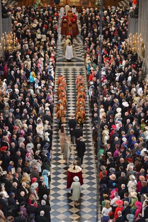 Queen Elizabeth II arrives inside St Paul's Cathedral for the service. She attended the service without her husband Prince Philip, who is in hospital with a bladder infection. 