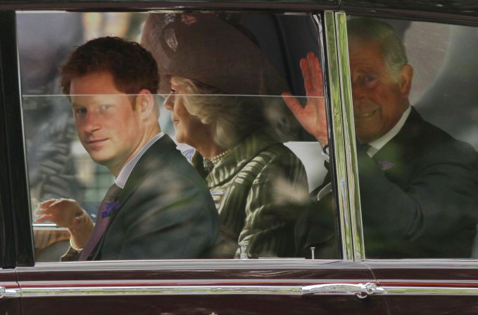 Prince Harry, Camilla, Duchess of Cornwall and Prince Charles, Prince of Wales, drive to St. Paul's Cathedral for the service on June 5, 2012.