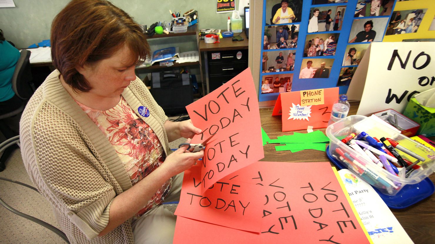 Kerry Southers prepares for the recall vote at the Democratic Party headquarters Monday in Janesville, Wisconsin.