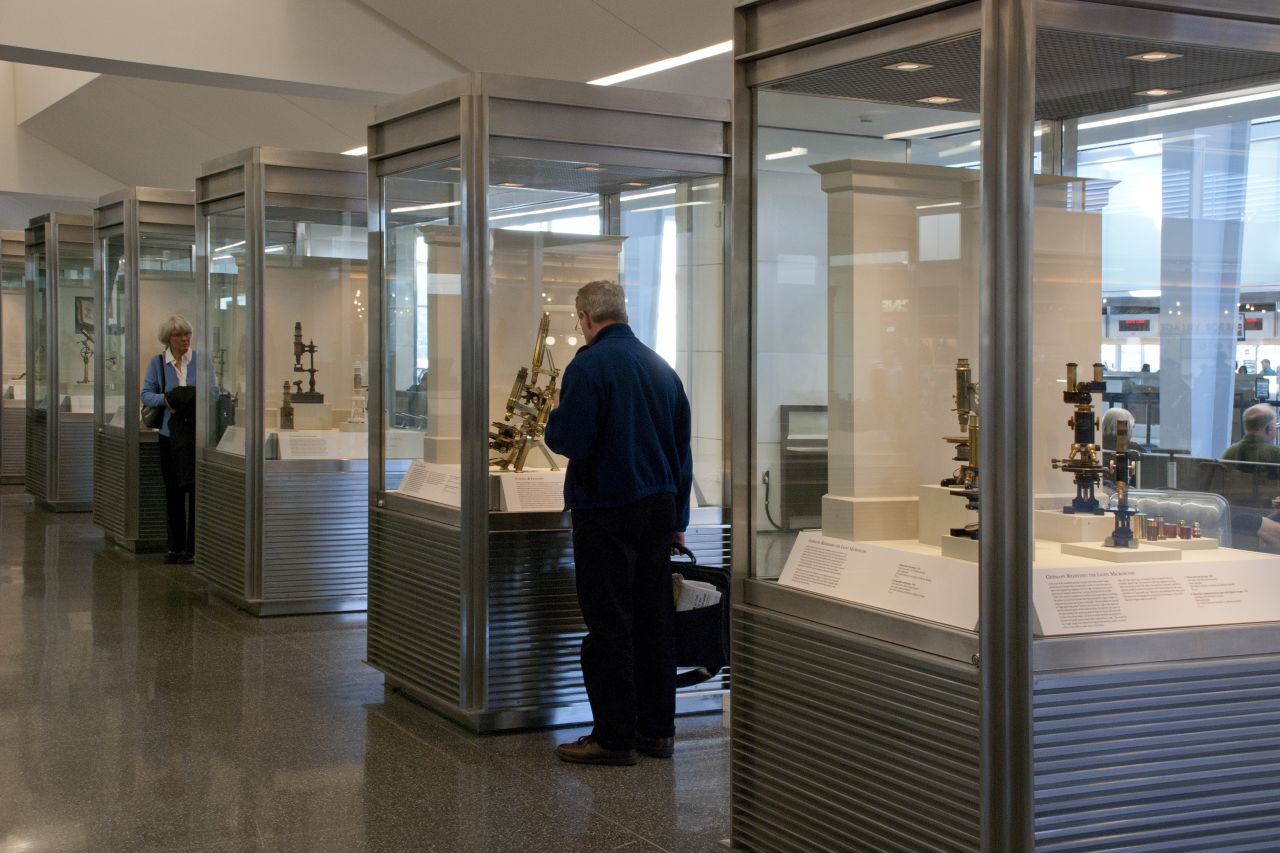 Here, a traveler peers at an exhibit in one of San Francisco International Airport's many museums.  