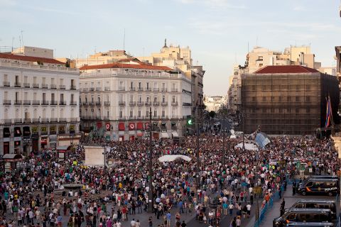 Protesters with Spain's Indignant movement attend a rally at Puerta del Sol on May 15, 2012 in Madrid, Spain. The movement  was formed to protest against the economic crisis and high unemployment.