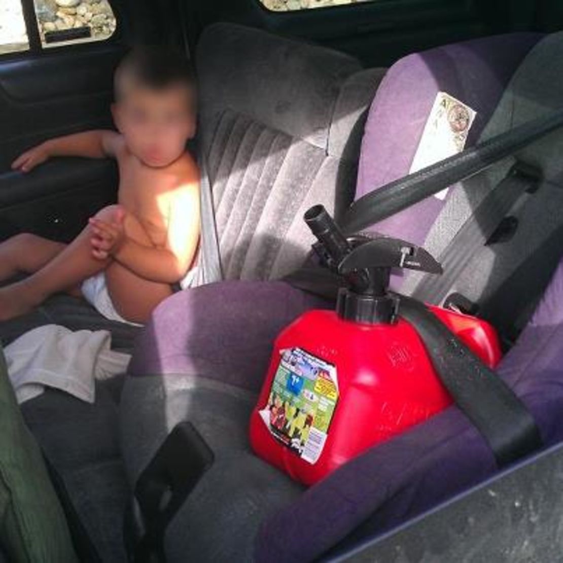 A mother was cited in Aurora, Colorado, after authorities found her toddler in a lap belt and a gas can in a child safety seat.