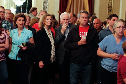 Barrett supporters watch election results come in Tuesday stacking in Walker's favor.