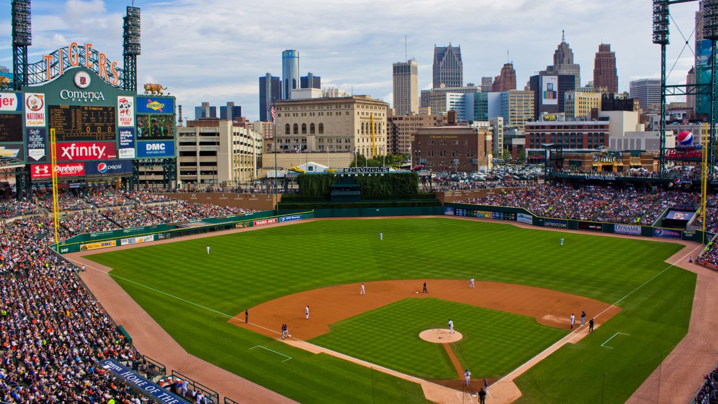 Comerica Park, home of the Detroit Tigers, looks out on the Detroit skyline.