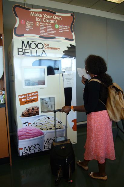 At Boston's Logan International Airport, you can simply step up to the MooBella interactive touch screen, key in your choices, and in less than a minute, out pops your tasty made-to-order frozen concoction. <a href="http://www.massport.com/logan-airport" target="_blank" target="_blank">www.massport.com/logan-airport</a>