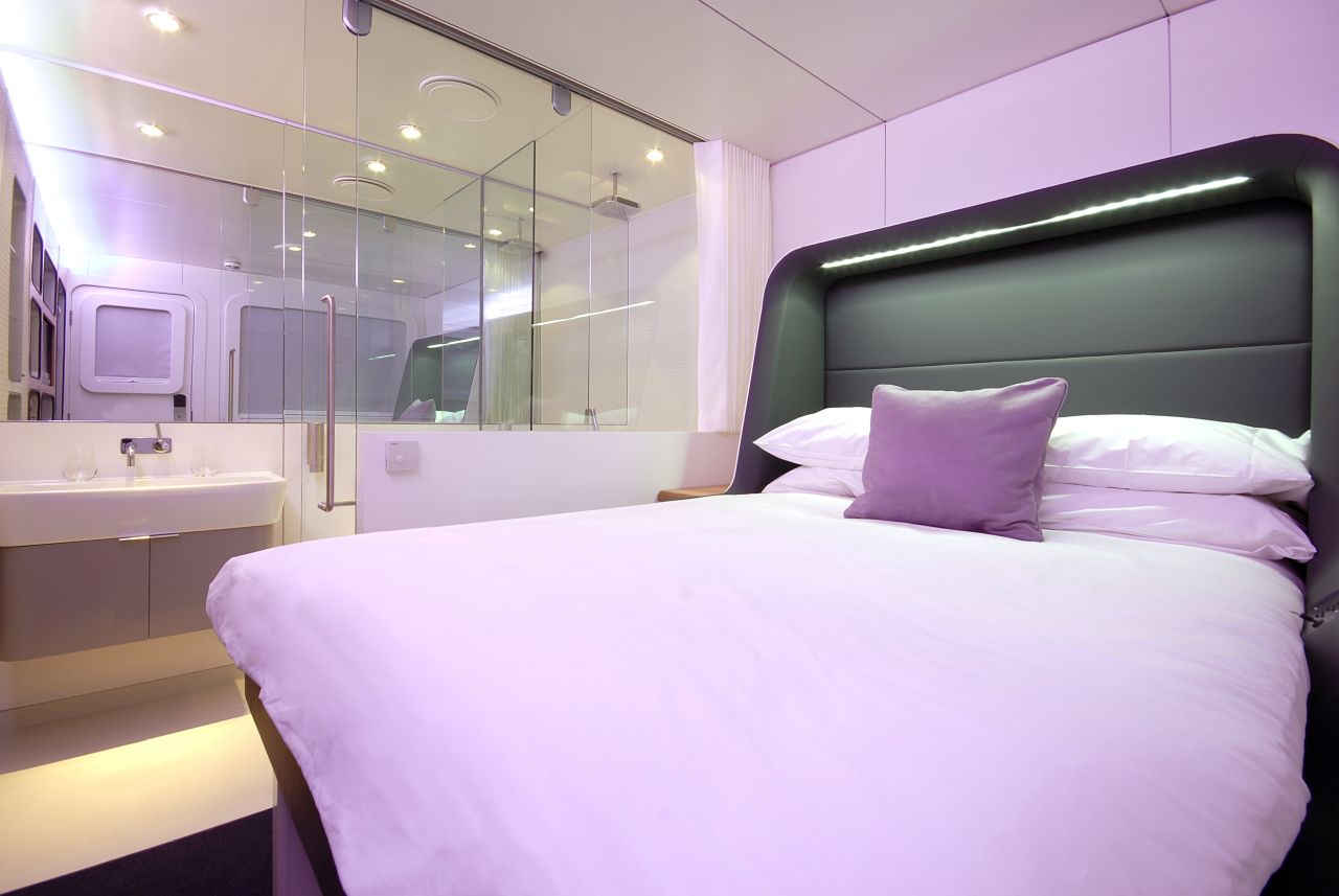 Inside the Yotel standard cabin. All Yotel rooms come equipped with en suites, including monsoon shower heads.
