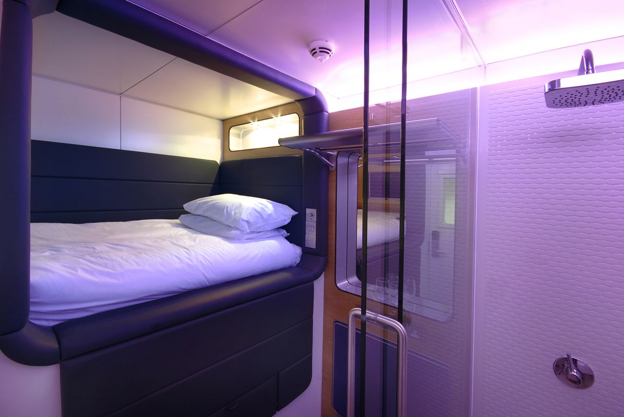 A new breed of short-stay, pay-by-the-hour micro-hotels popping up in airport terminals around the world. Pictured is a Yotel premium cabin. Yotel operates in London's Heathrow and Gatwick, and Amsterdam's Schiphol airports.