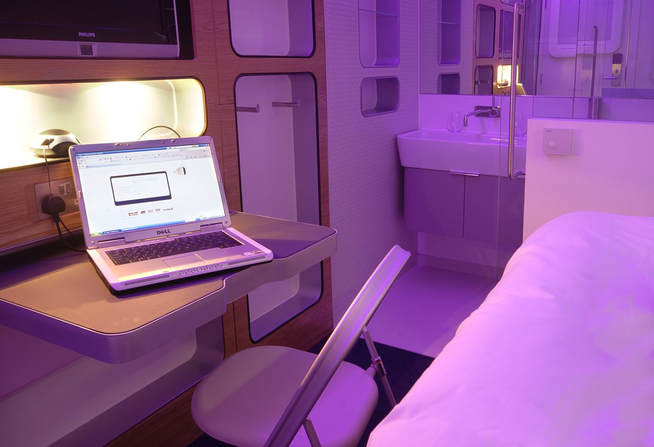 The workdesk inside a premium Yotel cabin. The designers behind the Yotel say they were inspired by first-class airline cabins; user reviews have likened them to a space ship.