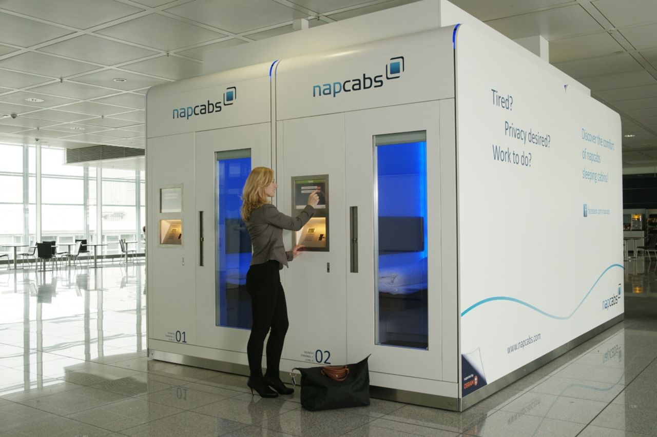 Six Napcabs are currently in operation in Munich airport, with more on the way shortly. They contain a bed, desk, air conditioning, internet access and a TV.