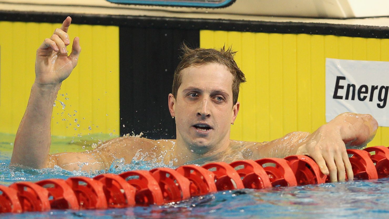 Nick D'Arcy celebrates winning the Men's 200 Metre Butterfly during the Australian Olympic Swimming Trials in March.