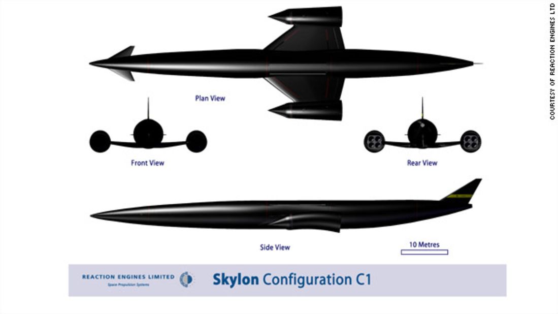 If built, Skylon would be around 90 meters long and be propelled by two specially designed hybrid air-breathing rocket engines.