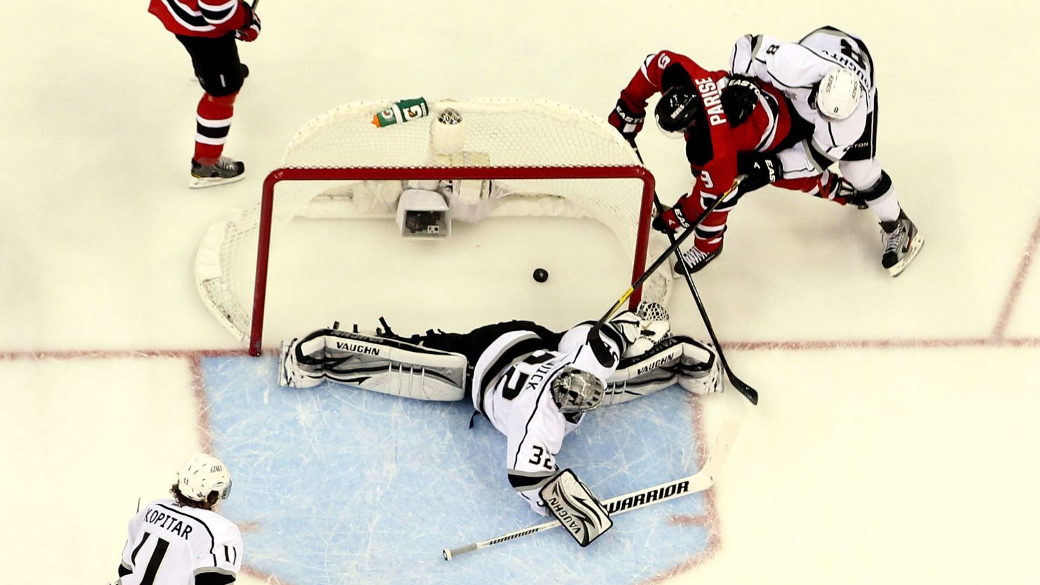 Zach Parise of the New Jersey Devils scores a goal against L.A. Kings goalie Jonathan Quick during Game 6 of the Stanley Cup finals.