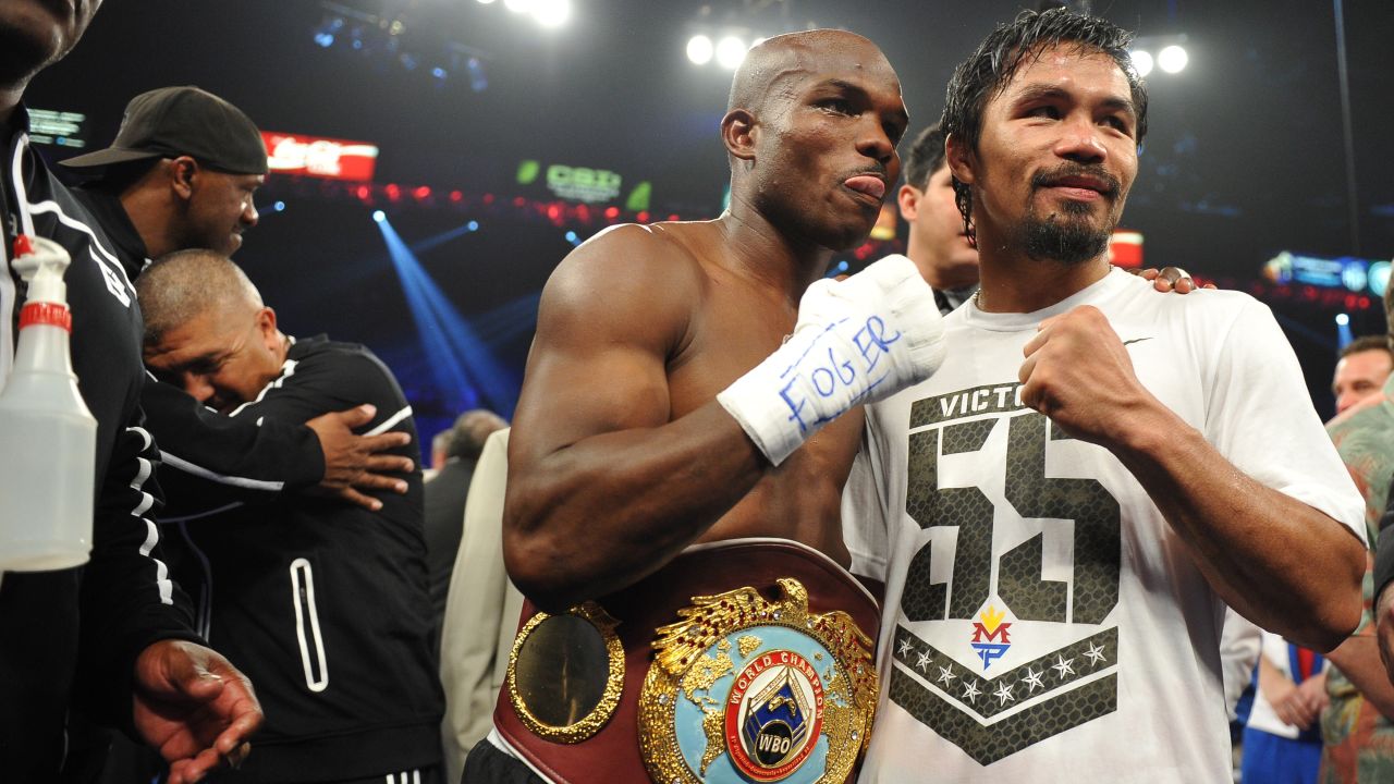 Timothy Bradley, left, celebrates his victory over Manny Pacquiao after their WBO welterweight title match.