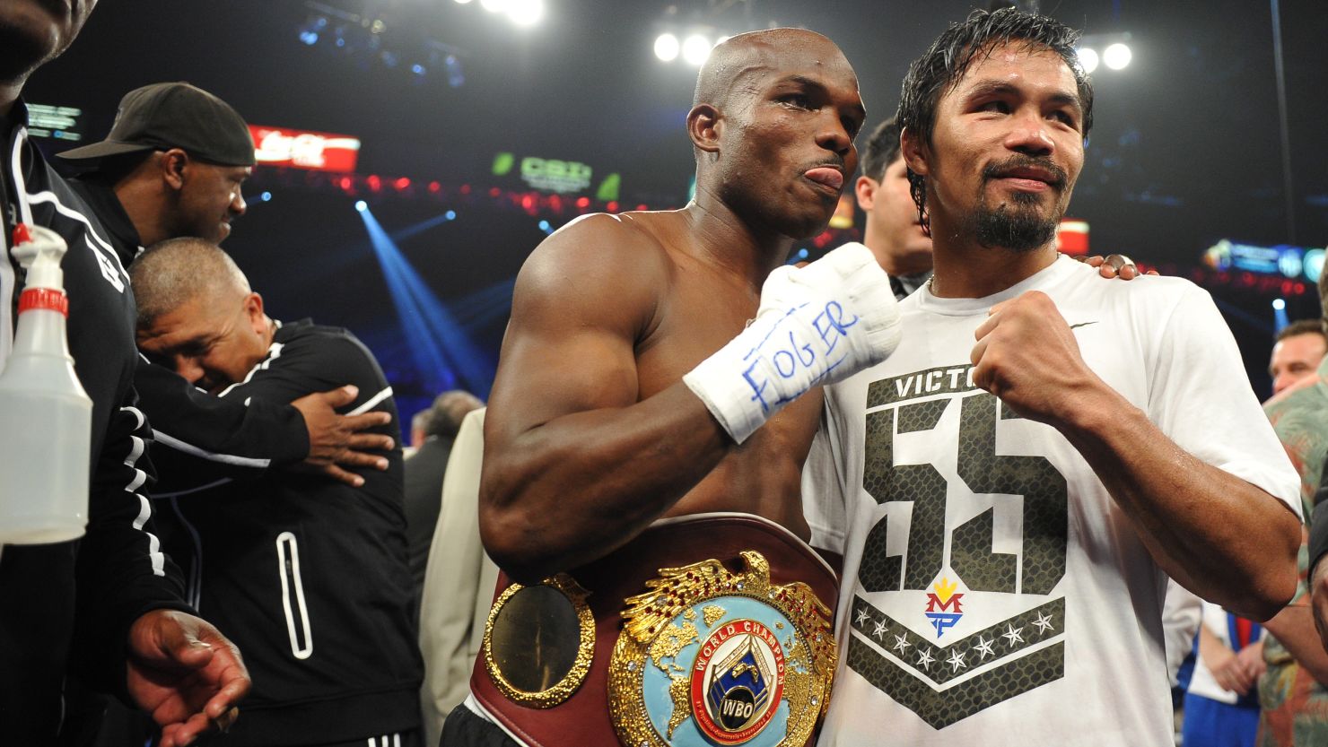 Timothy Bradley, left, celebrates his victory over Manny Pacquiao after their WBO welterweight title match.