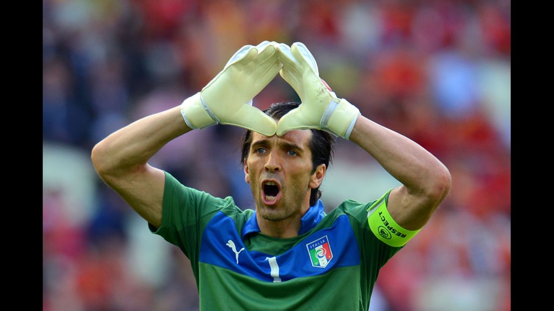 Italy's Gianluigi Buffon gestures duriing the match against Spain.