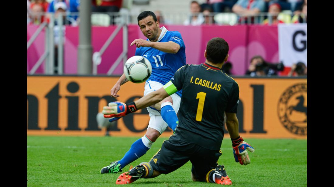 Italy's Antonio Di Natale kicks the ball past goalkeeper Iker Casillas of Spain.