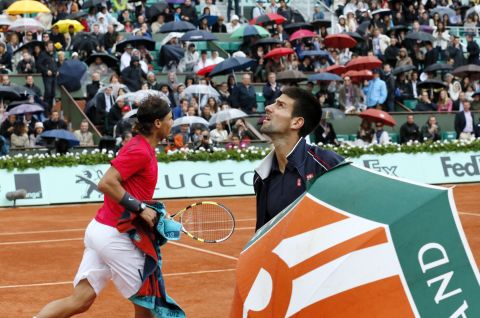 Wet weather in Paris was a constant concern for the players. The final was held over from Sunday, then Nadal won six of nine games played on Monday despite another downpour.