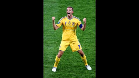 Andriy Shevchenko of Ukraine reacts to scoring the team's second goal during the Group D match against Sweden in Kiev, Ukraine, on Monday, June 11.