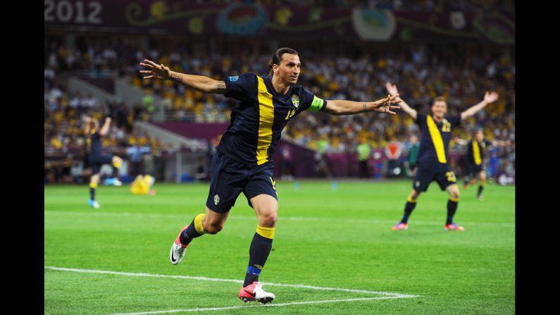 Zlatan Ibrahimovic celebrates scoring Sweden's first goal against Ukraine.