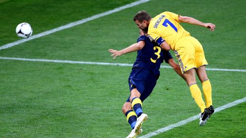Andrei Shevchenko scores Ukraine's first goal against Sweden.