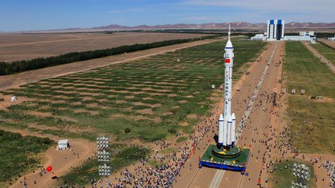 The Shenzhou-9 spacecraft and its carrier rocket as seen Saturday in northwest China's Gansu province.
