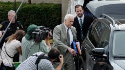 Jerry Sandusky leaves the courthouse in Bellefonte, Pennsylvania, after the first day of his child sex abuse trial on Monday, June 11.