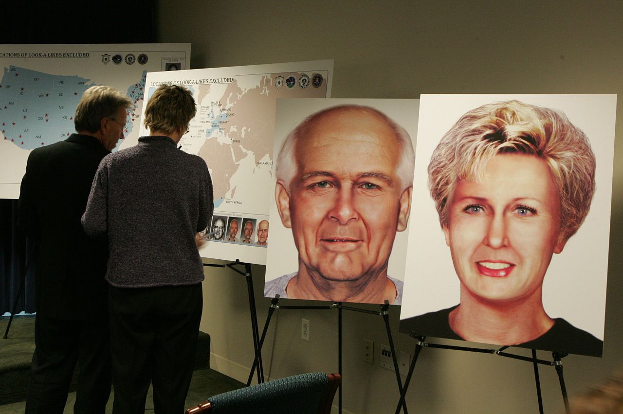 For years, the FBI's most-wanted fugitive -- James "Whitey" Bulger -- and his girlfriend Catherine Greig lived as "Charlie and Carol Gasko" in a palm-tree-lined oceanside apartment near Los Angeles before their capture in 2011.  Here, illustrations of Bulger's and Greig's possible likenesses are displayed at a news conference in 2004.