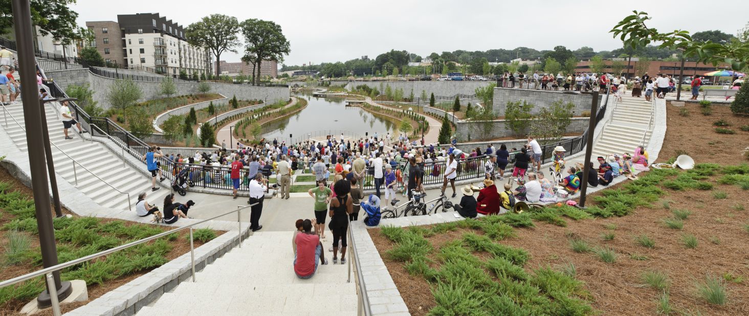 The BeltLine is regenerating a large swathe of Atlanta's urban area, developing an old train line into cycle paths and walkways. Parks are also rising up on old industrial land adjacent to the railroad. The Historic Fourth Ward Park (pictured) opened in 2011.  