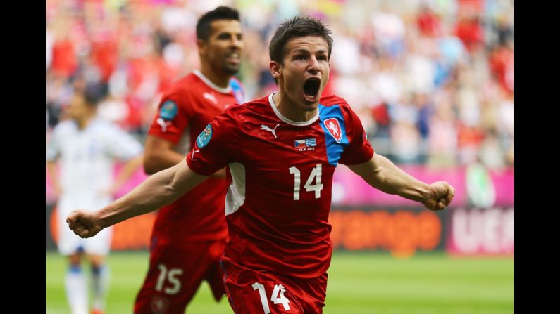 Pilar of the Czech Republic celebrates scoring the team's second goal against Greece.