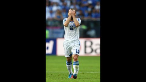 Greece's Dimitris Salpigidis reacts during Tuesday's match. His team went on to lose 2-1 to the Czech Republic.