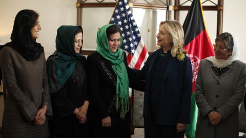 Secretary of State Hillary Clinton meets with Fawzia Koofi and other Afghan women during at the U.S. Embassy in Kabul in October 2011.