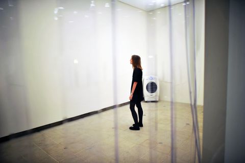 Teresa Margolles' installation "Aire/Air" (2003) consists of two air conditioning systems that spread a fine mist of droplets of water previously used to wash the bodies of murder victims in Mexico City, before they were autopsied.