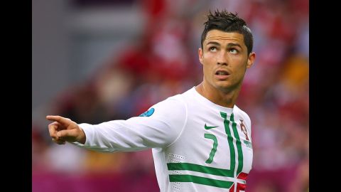 Cristiano Ronaldo of Portugal gestures during the match against Denmark.