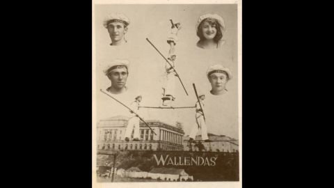 A promotional poster shows the original performers who came to America in 1928. Clockwise from top left are Karl Wallenda, Helen Wallenda, Joe Geiger and Herman Wallenda.